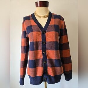 ASPEN Plaid V-Neck Cotton Cardigan Sweater -Burnt Orange and Navy. Size Small